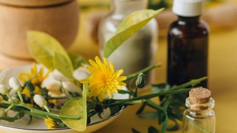 Cuenco con flores y plantas medicinales junto a un mortero y frascos de preparados naturales