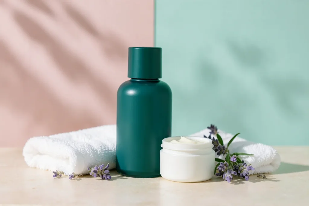 Botella de aceite corporal, tarro de crema abierto, toalla blanca y lavanda para el embarazo y la lactancia