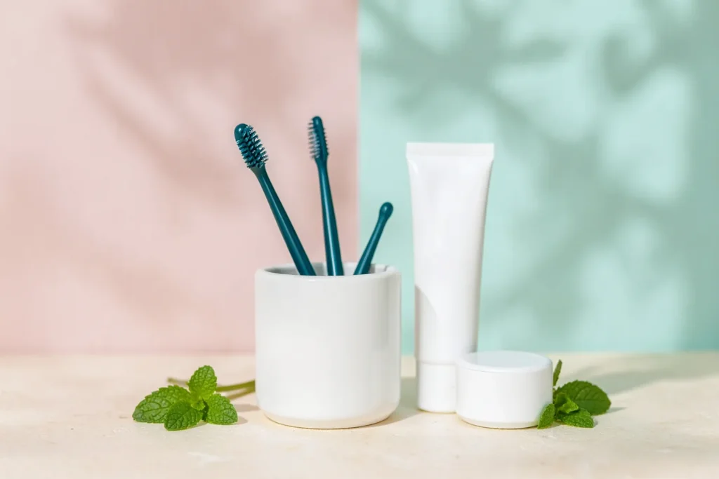 Cepillos interdentales en un vaso blanco, tubo de pasta de dientes, hilo dental y menta: higiene bucodental