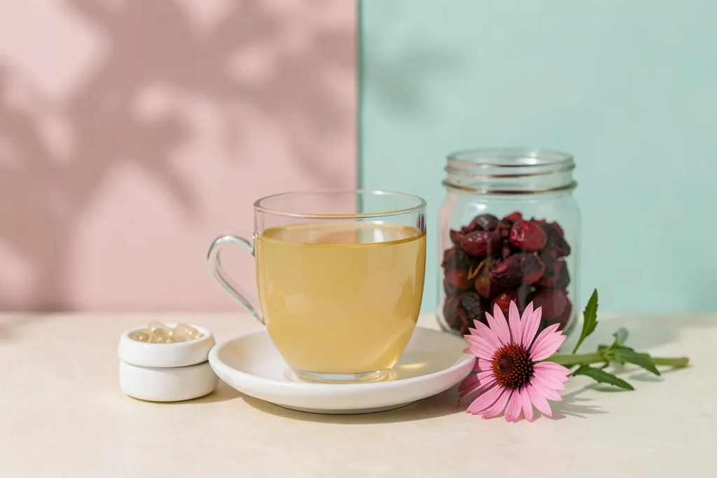 Taza de infusión, tarro de escaramujo seco, cápsulas en un platillo y una flor de equinácea: medicina natural