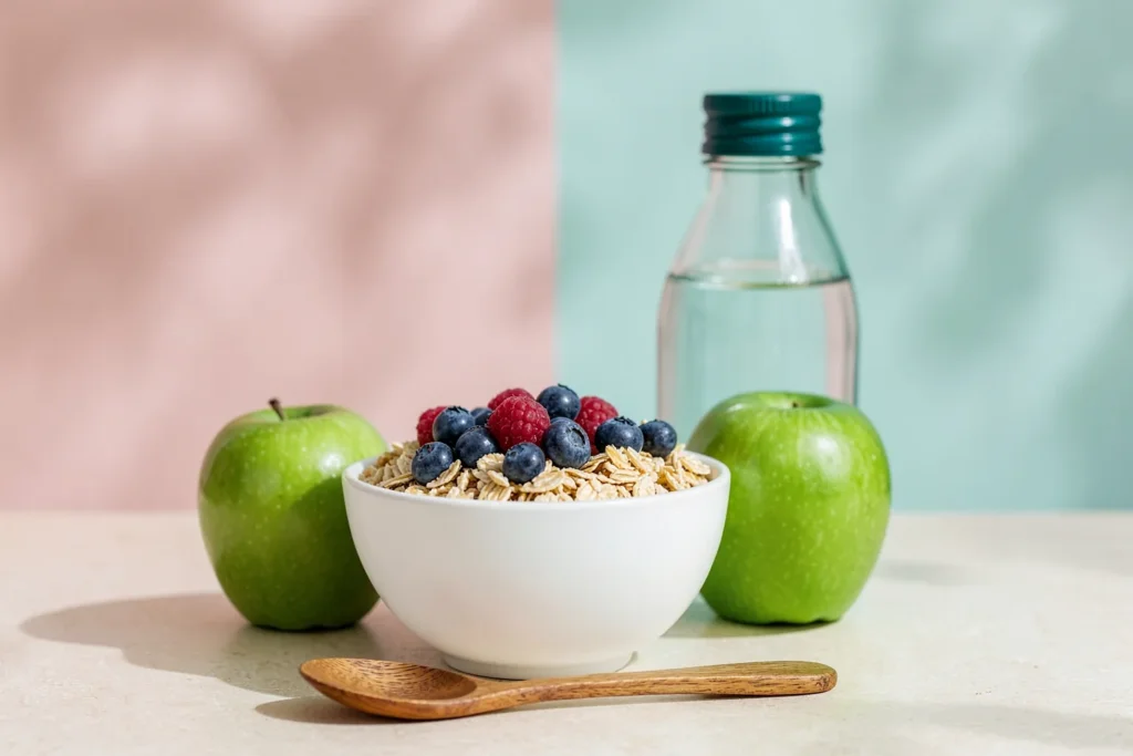 Cuenco de copos de avena con arándanos y frambuesas, dos manzanas verdes y una botella de agua: nutrición