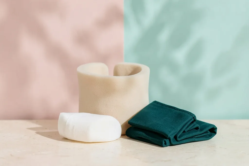 Collarín cervical de espuma, venda blanca y muñequera elástica verde doblada: productos de ortopedia