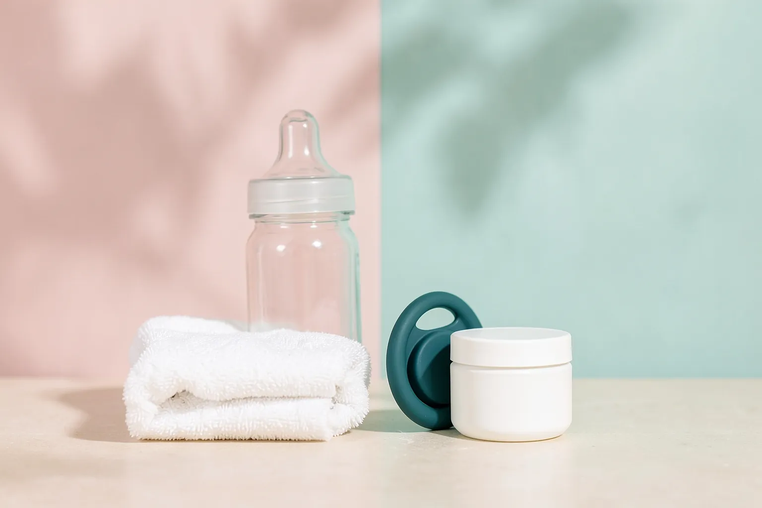 Biberón de cristal, toalla blanca, chupete turquesa y tarro de crema infantil para el cuidado del bebé