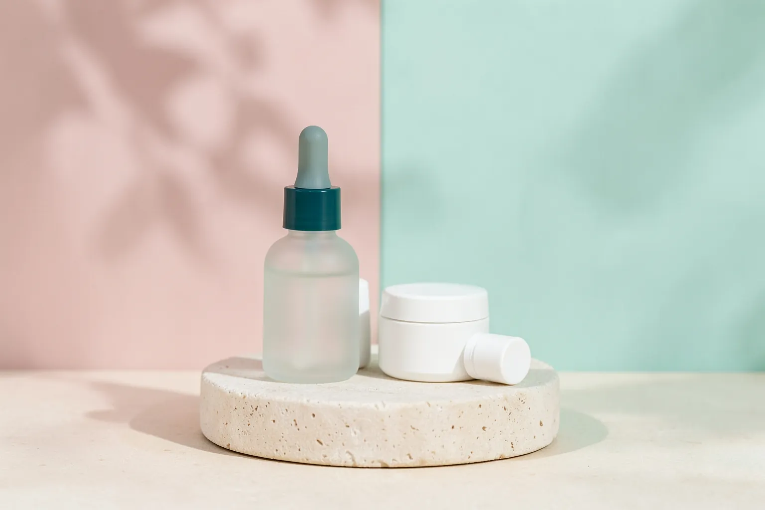 Sérum con cuentagotas, tarro de crema y un frasquito blanco sobre un pedestal de piedra: dermocosmética