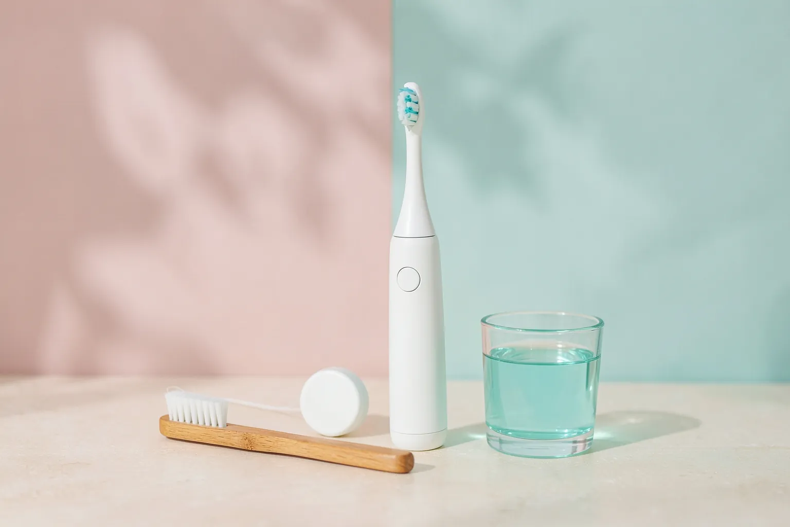 Cepillo de dientes de bambú, cepillo eléctrico, hilo dental y un vaso de colutorio para la higiene bucodental