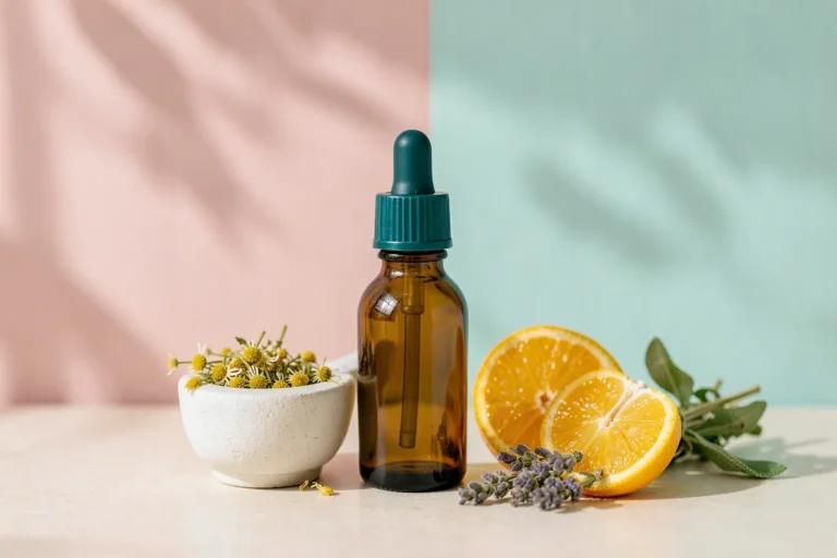 Frasco cuentagotas ámbar de aceite esencial, mortero con manzanilla, naranja y hierbas secas de medicina natural