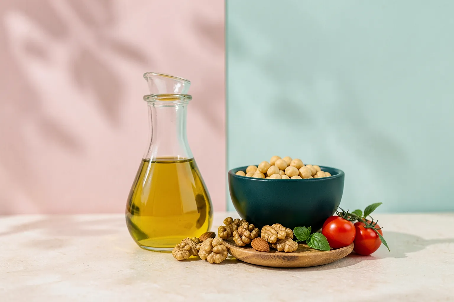 Aceite de oliva, garbanzos en un cuenco turquesa, nueces, almendras y tomates cherry: nutrición mediterránea
